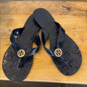 Tory Burch Navy Blue Sandals with Gold Emblem size 7